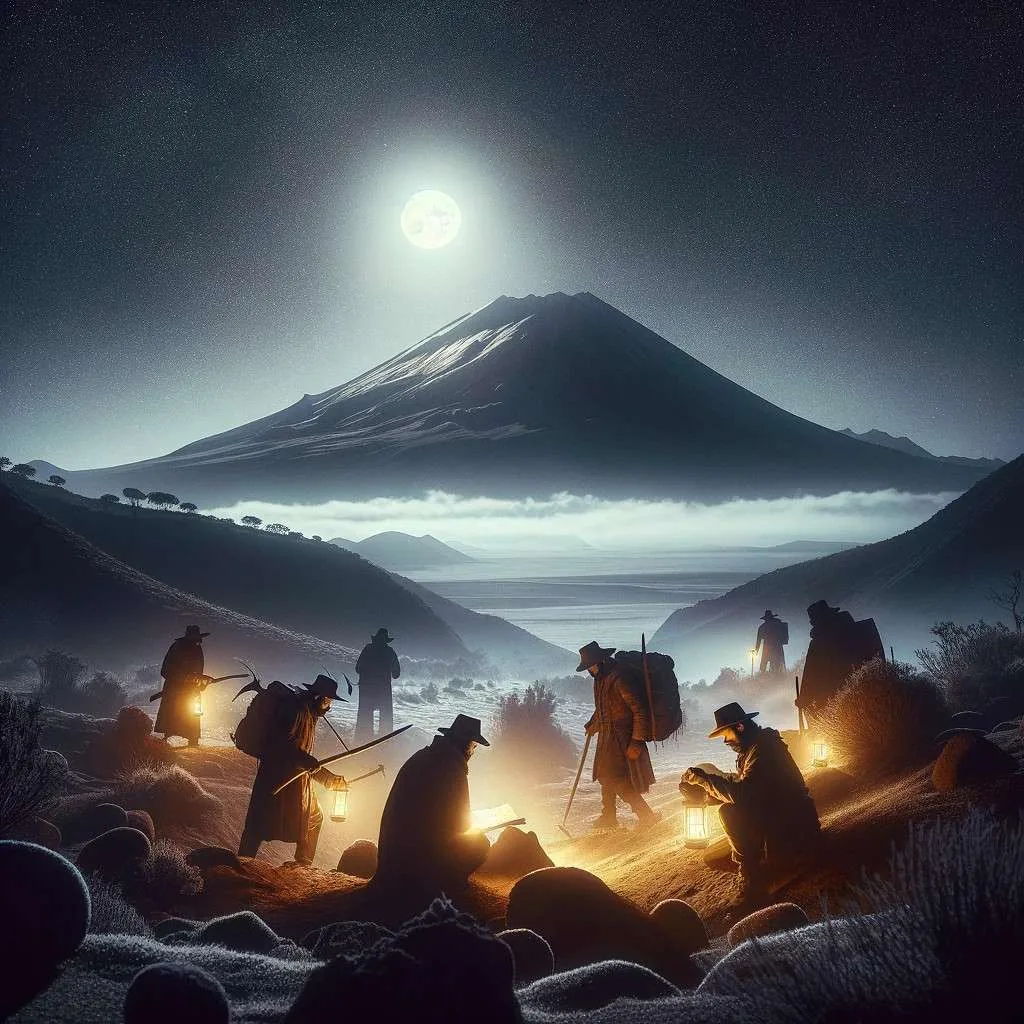 Aventureros buscando el tesoro escondido de Arequipa bajo la luz de la luna llena, con el volcán Misti en el fondo. La escena nocturna evoca misterio y la promesa de descubrimientos antiguos. Los Mitos y Leyendas (www.losmitosyleyendas.com)