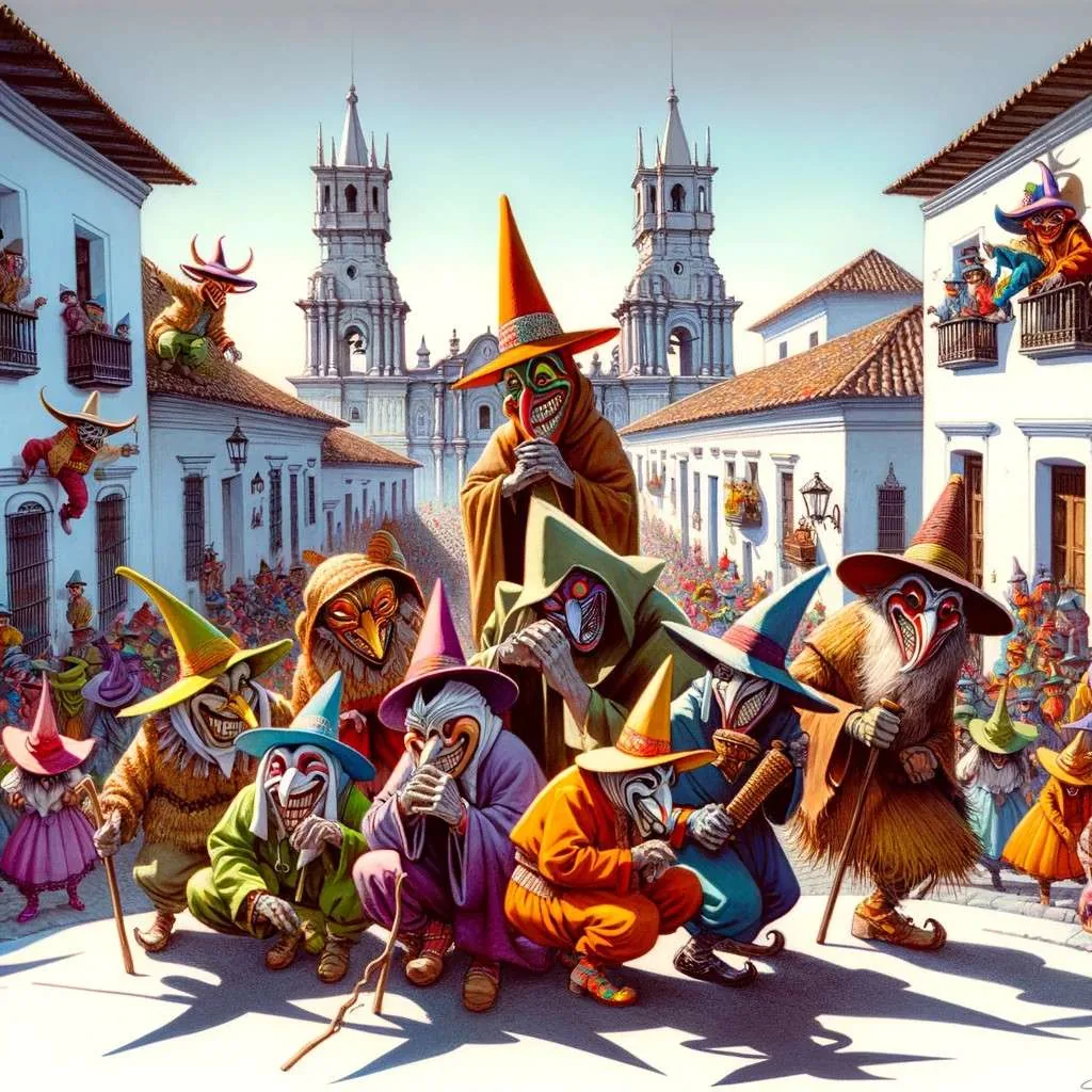 Duendes traviesos en acción en un rincón pintoresco de Arequipa, con su arquitectura colonial de fondo. Estos seres mágicos, vestidos con atuendos coloridos, realizan bromas a los ciudadanos, evocando la alegría y el misterio de las leyendas urbanas de la ciudad. Los Mitos y Leyendas (www.losmitosyleyendas.com)