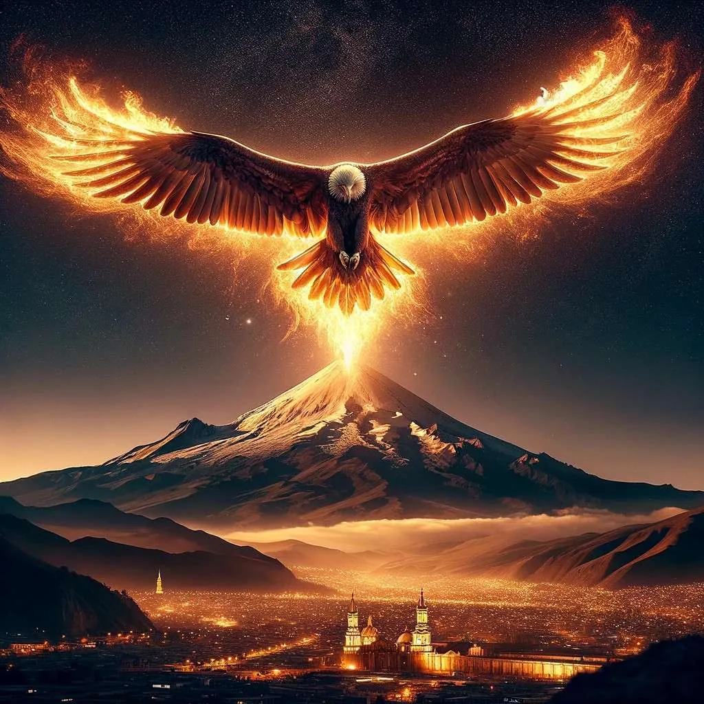 El Cóndor de Fuego, un majestuoso guardián, surca el cielo nocturno sobre Arequipa con el volcán Misti al fondo, su presencia ilumina y protege la ciudad con un resplandor cálido y esperanzador. Los Mitos y Leyendas (www.losmitosyleyendas.com)