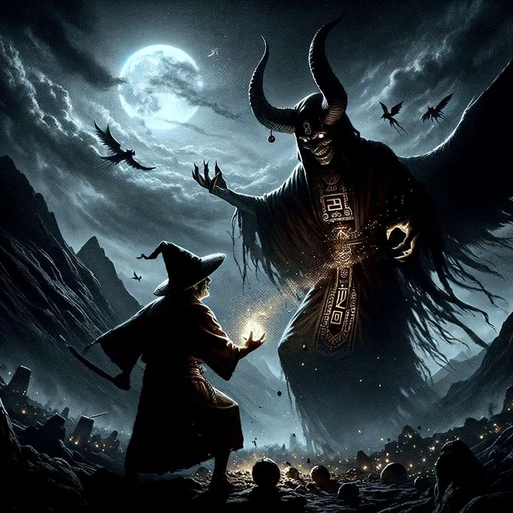 Un minero arequipeño sella un pacto con una figura sombría bajo la luz de una luna llena, en un valle rodeado de misterio. Este momento crucial simboliza el eterno conflicto entre la ambición y las consecuencias de nuestros deseos. Los Mitos y Leyendas (www.losmitosyleyendas.com)