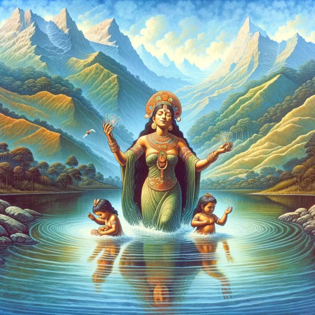 Ilustración de Bachué, figura mitológica de la cultura Muisca, emergiendo de un cuerpo de agua, rodeada de paisajes andinos, simbolizando la madre de la humanidad. Los Mitos y Leyendas (www.losmitosyleyendas.com)