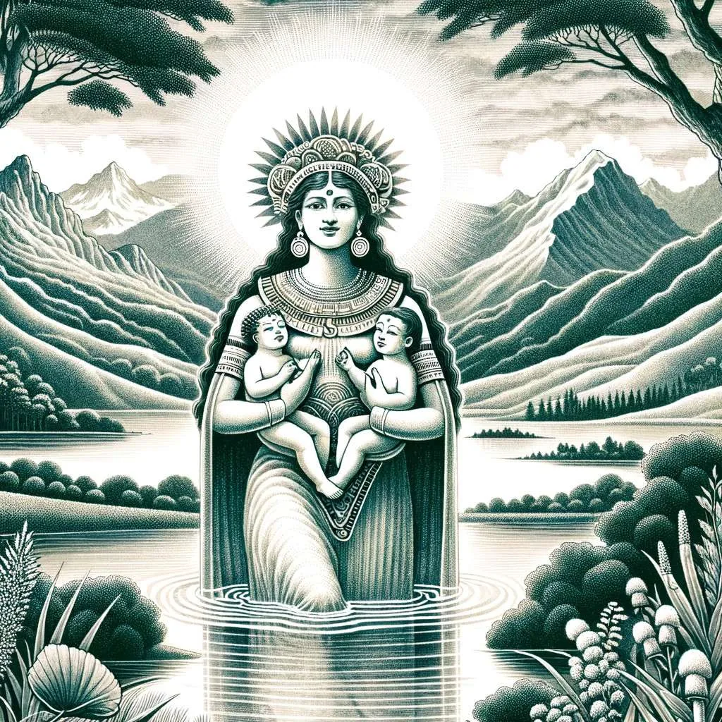 Ilustración de Bachué, diosa mitológica Muisca, emergiendo del agua con dos niños, en un paisaje andino, simbolizando la madre de la humanidad. Los Mitos y Leyendas (www.losmitosyleyendas.com)