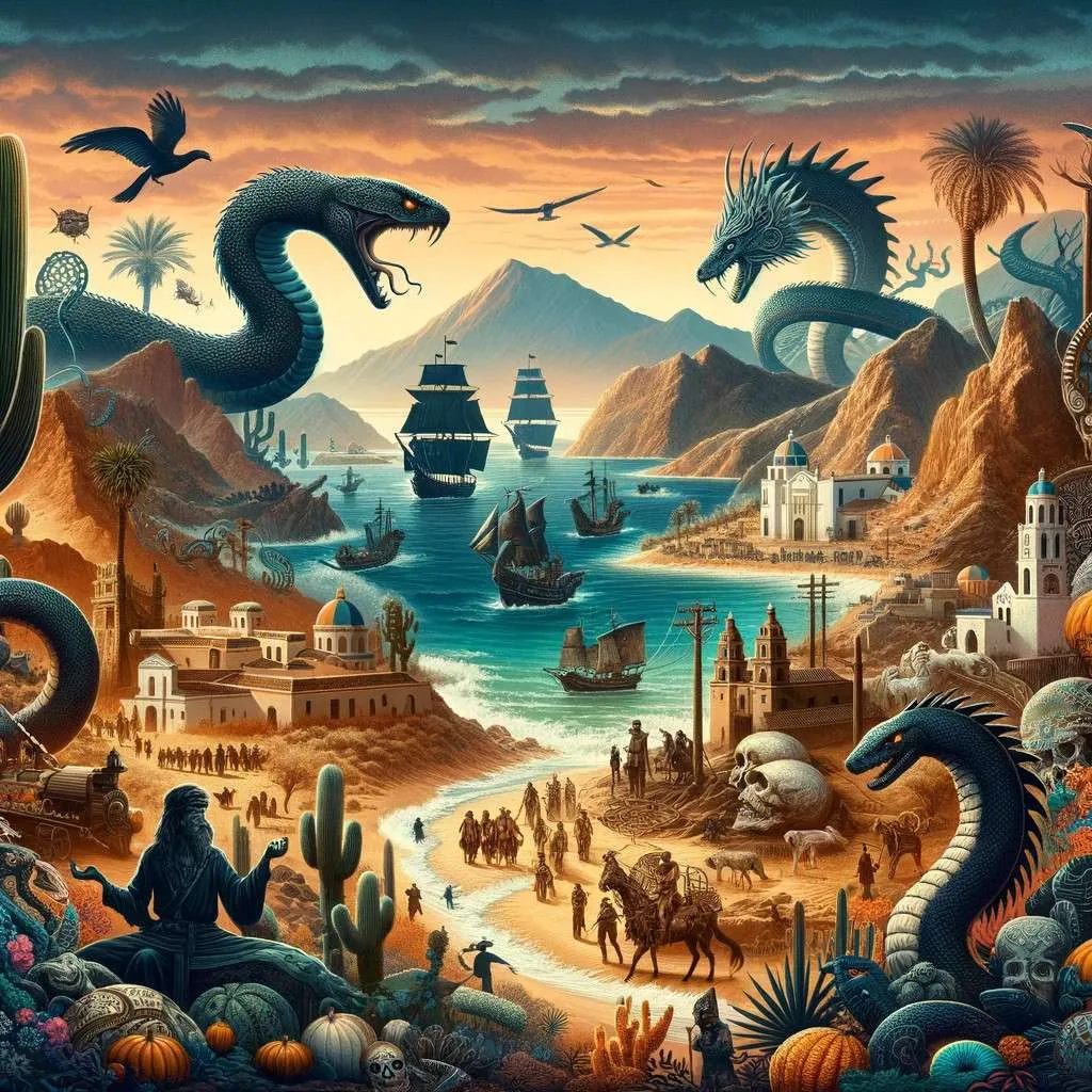 Ilustración de los mitos y leyendas de Baja California, mostrando desiertos, el océano, serpientes gigantes, barcos fantasma, y símbolos de culturas indígenas y elementos coloniales, reflejando la rica historia y la lore mística de la región. Los Mitos y Leyendas (www.losmitosyleyendas.com)