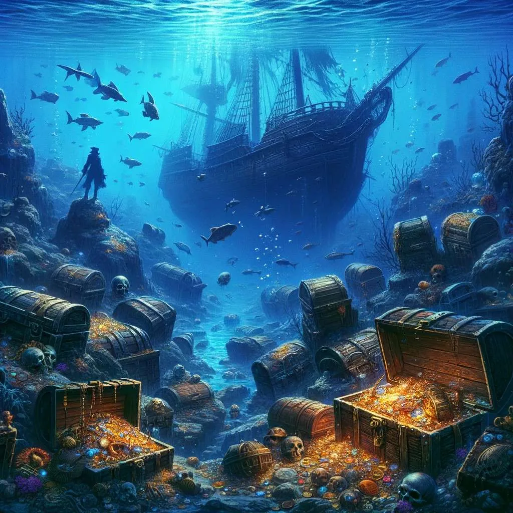 Ilustración de la leyenda del Tesoro del Mar de Cortés en Baja California, mostrando un tesoro oculto bajo las aguas azules, con un barco hundido, cofres de oro y joyas, y vida marina circundante, evocando misterio, aventura y la rica biodiversidad del Golfo. Los Mitos y Leyendas (www.losmitosyleyendas.com)