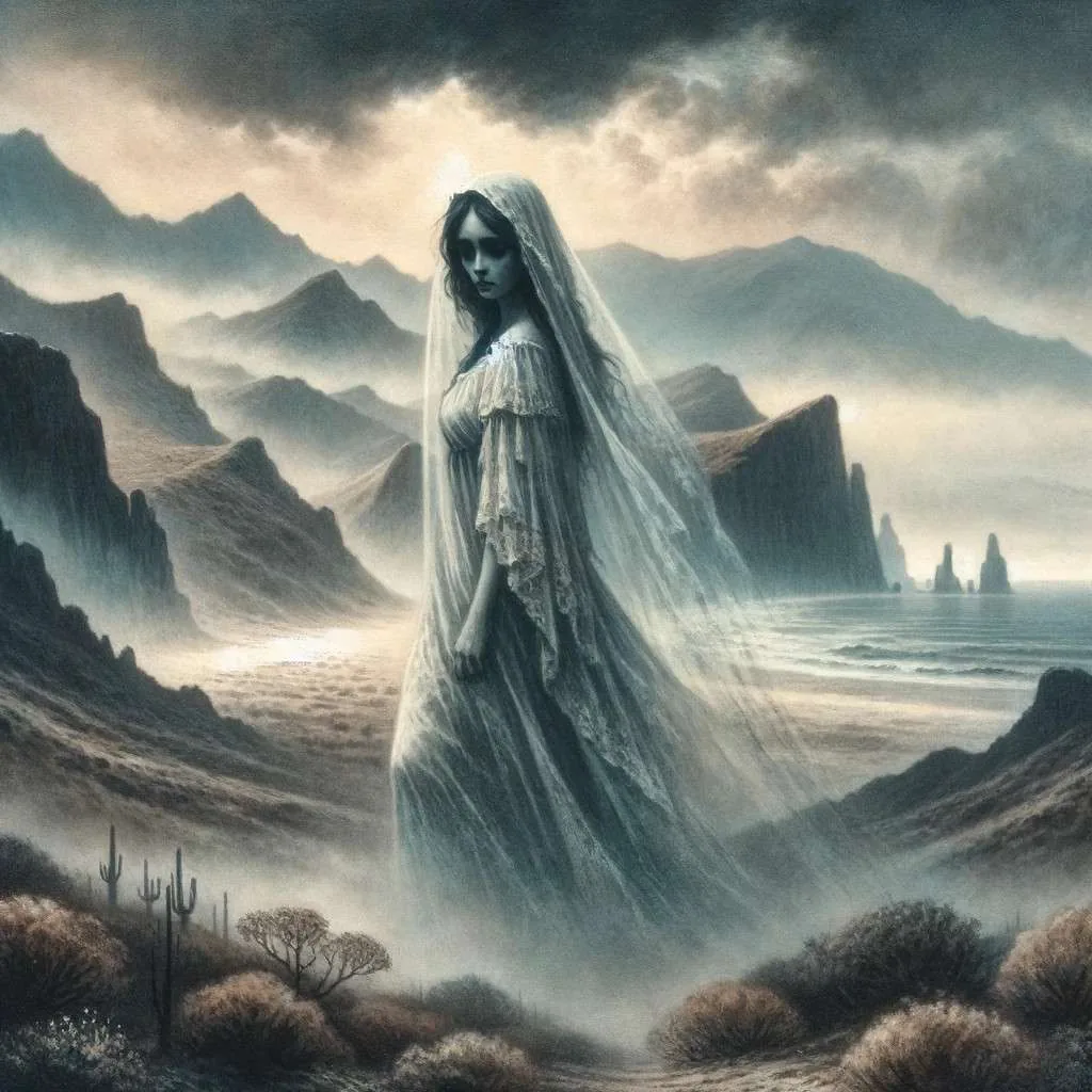 Ilustración de la leyenda de La Llorona en Baja California, mostrando una figura fantasmal femenina en las costas brumosas y valles desérticos, simbolizando su búsqueda eterna por sus hijos perdidos contra un telón de fondo que captura la belleza única de la región. Los Mitos y Leyendas (www.losmitosyleyendas.com)