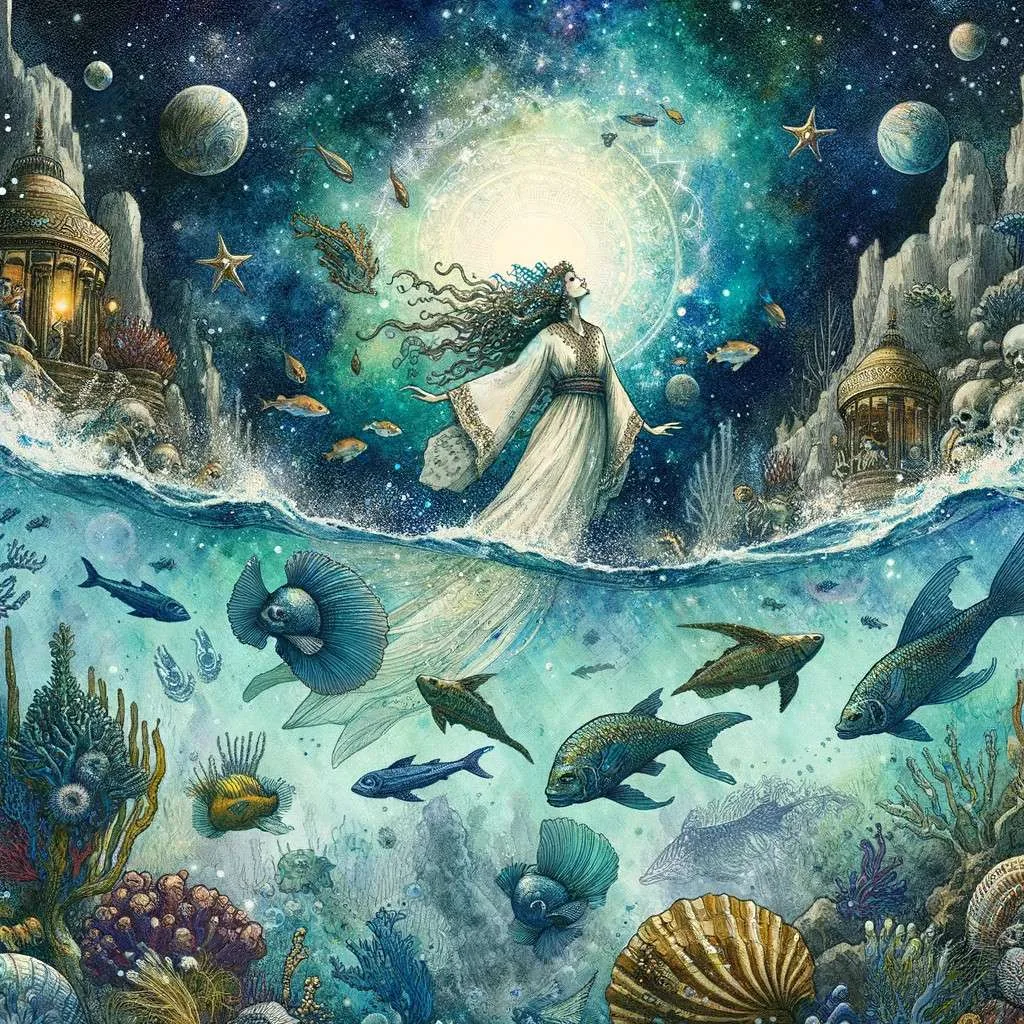 Ilustración de las sirenas californianas de Baja California, inmersas en las aguas claras del Mar de Cortés y el Pacífico, rodeadas de vida marina, simbolizando su papel como guardianas del mar y el profundo vínculo con su entorno. Los Mitos y Leyendas (www.losmitosyleyendas.com)