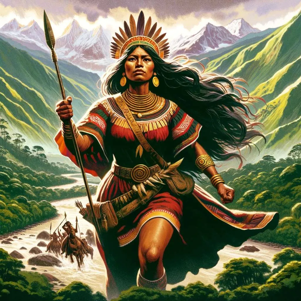 Ilustración de La Gaitana, heroína indígena, con lanza y atuendos tradicionales, en un entorno natural colombiano. Los Mitos y Leyendas (www.losmitosyleyendas.com)