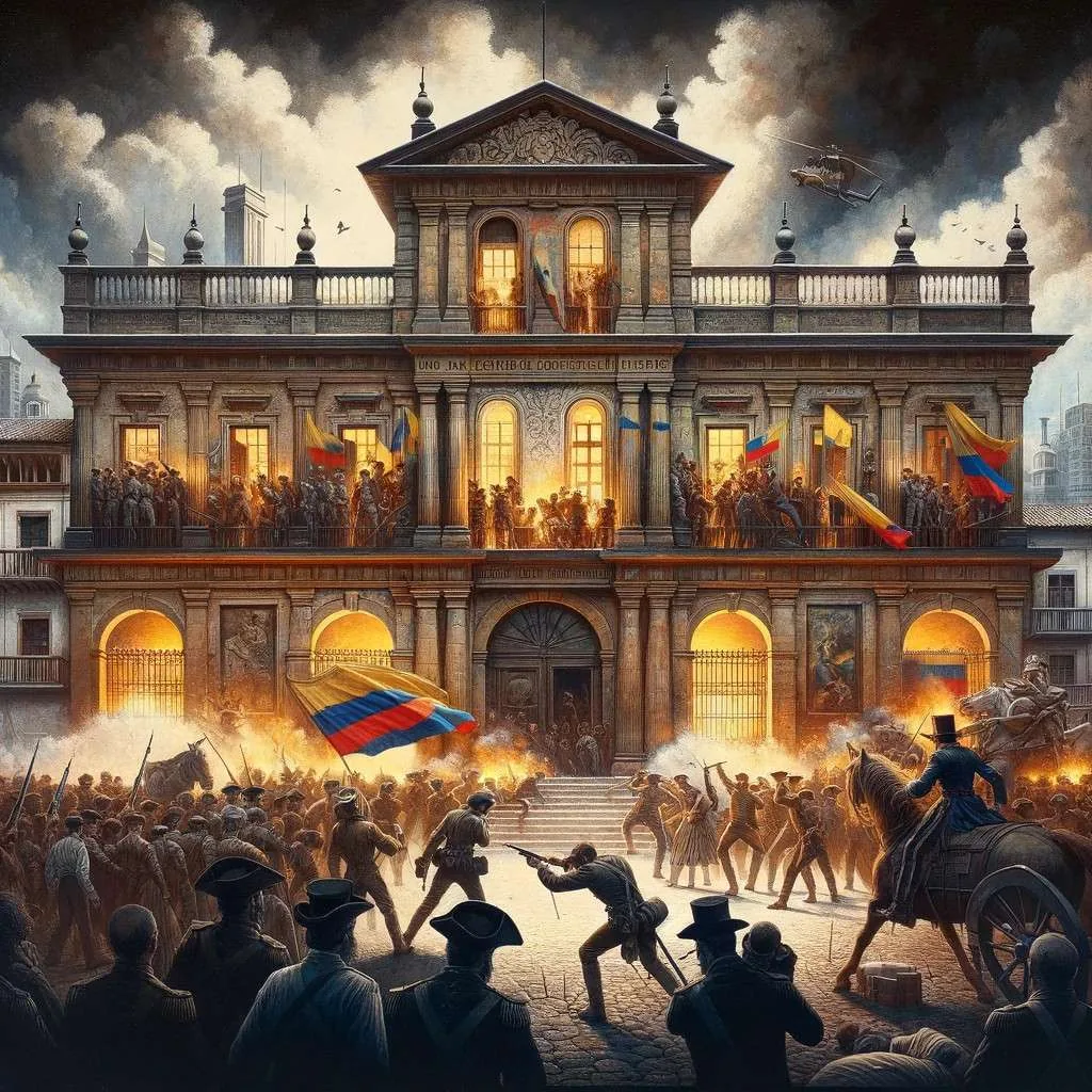 Ilustración de la Casa del Florero en Bogotá, con patriotas y españoles en un momento de tensión histórica. Los Mitos y Leyendas (www.losmitosyleyendas.com)