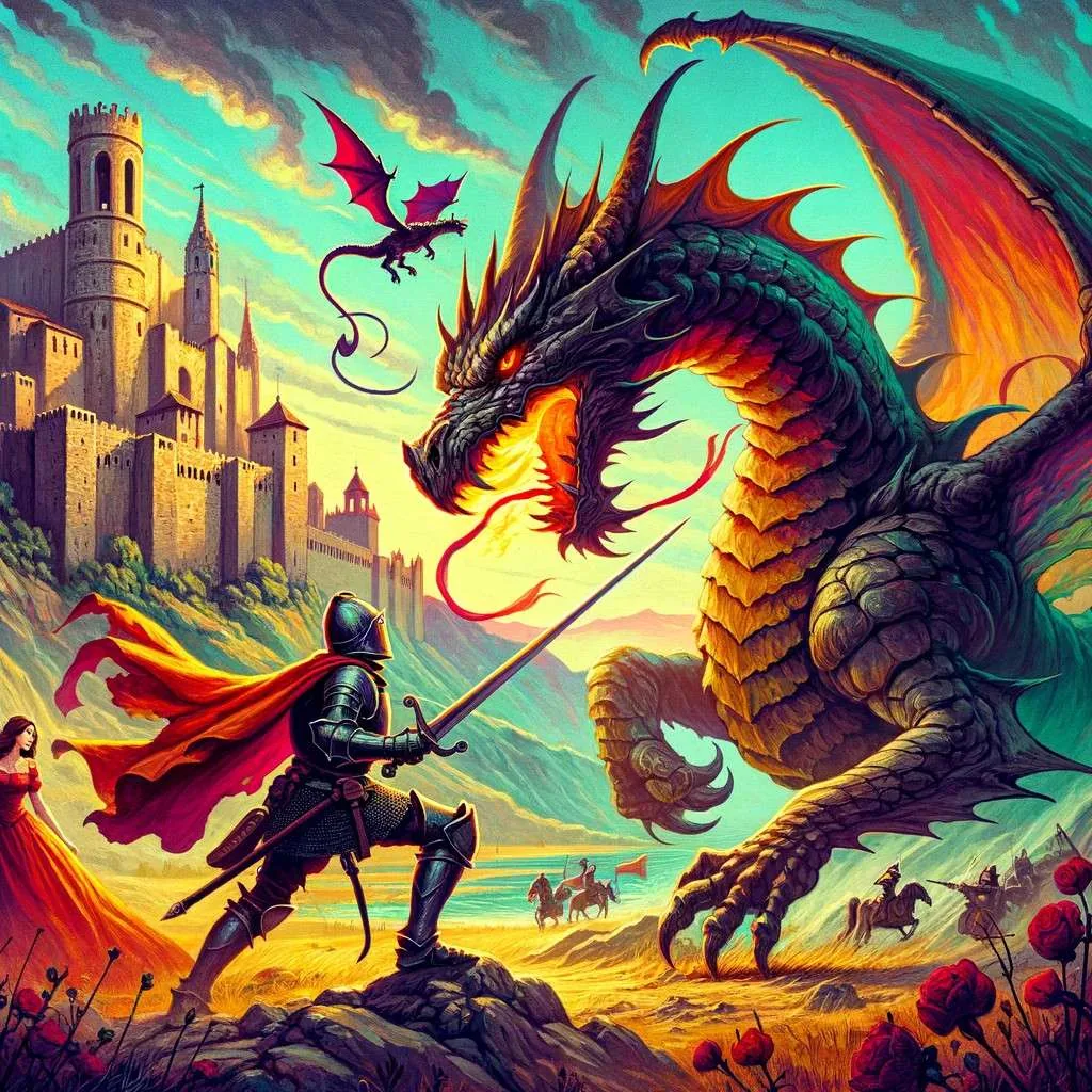 Sant Jordi enfrentándose valientemente al dragón con su lanza, en un paisaje medieval de Montblanc, con un rosal de flores rojas brotando, simbolizando la leyenda y la tradición de regalar rosas. Los Mitos y Leyendas (www.losmitosyleyendas.com)