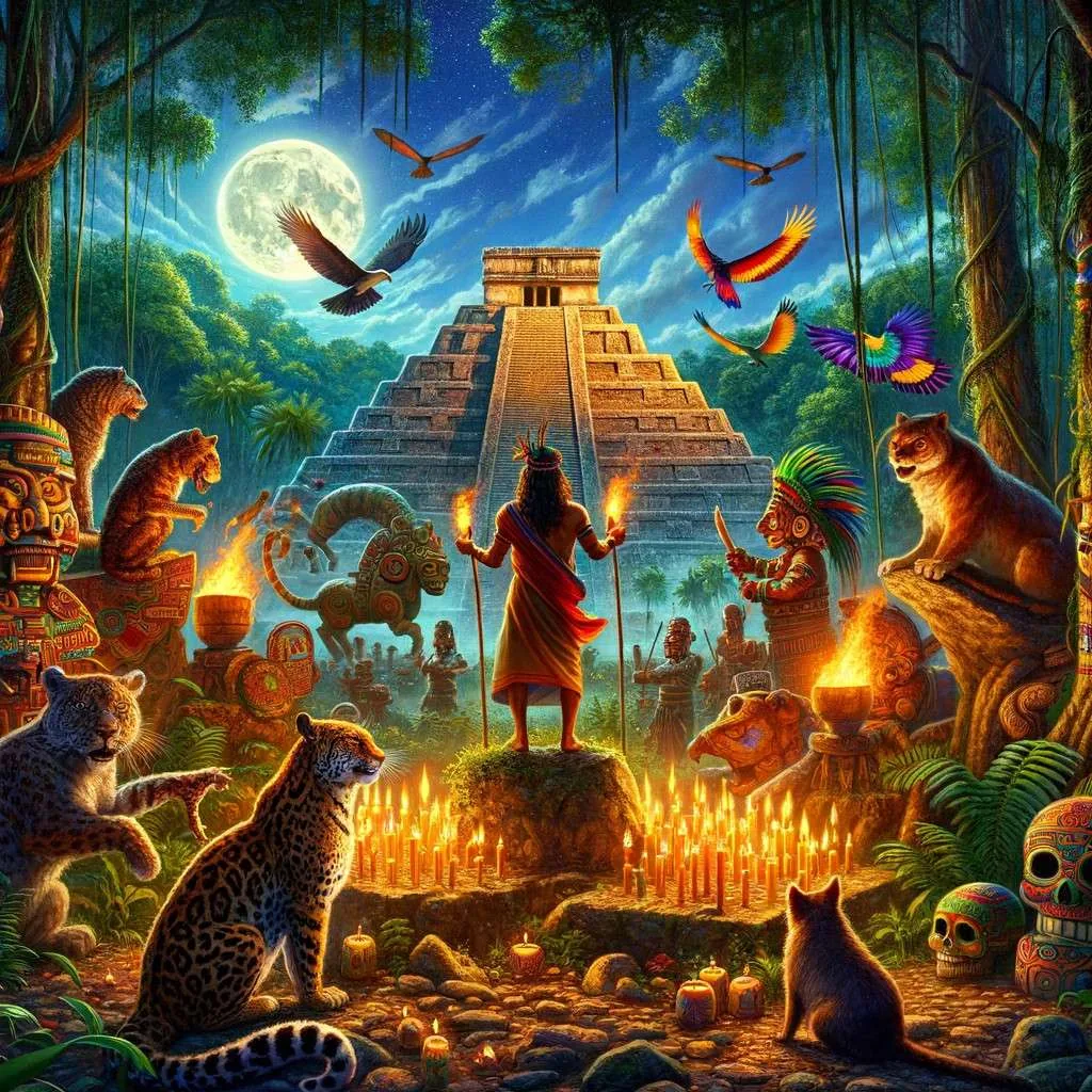 Un chamán maya invoca los espíritus de la selva durante un ritual antiguo en Chiapas, con el Templo de Palenque y animales míticos en el fondo, simbolizando la rica tradición espiritual y la profunda conexión con la naturaleza de la región. Los Mitos y Leyendas (www.losmitosyleyendas.com)