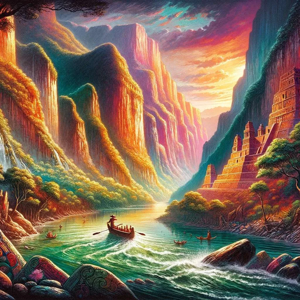 El amanecer ilumina el Cañón del Sumidero, revelando los vibrantes colores según la leyenda maya del chamán que trajo los colores al mundo, con la flora y fauna local enriqueciendo la escena. Un momento tranquilo y sagrado que evoca la magia del lugar. Los Mitos y Leyendas (www.losmitosyleyendas.com)