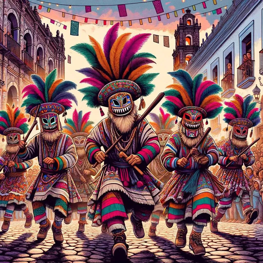 Danzantes de los Parachicos en plena celebración por las calles de Chiapa de Corzo, vestidos con trajes tradicionales y máscaras de madera, evocando la alegría y devoción de la Fiesta Grande de Enero. La escena refleja el espíritu comunitario y la rica herencia cultural de Chiapas. Los Mitos y Leyendas (www.losmitosyleyendas.com)