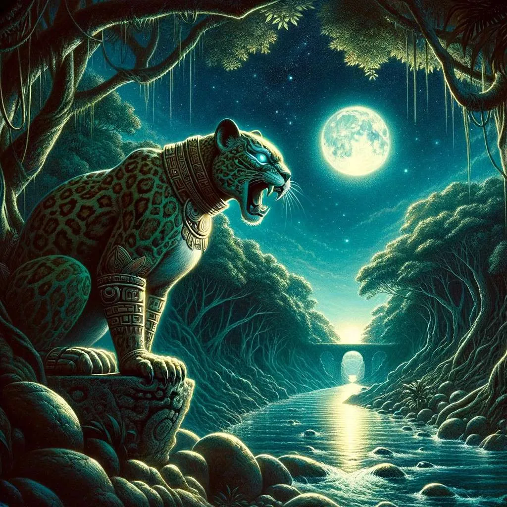 Ilustración de un nahual en forma de jaguar custodiando el río Grijalva bajo la luz de la luna, simbolizando la protección espiritual y la conexión con la naturaleza. Los Mitos y Leyendas (www.losmitosyleyendas.com)