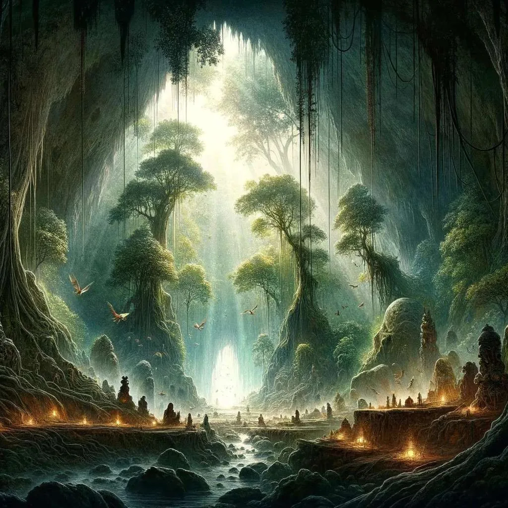 Ilustración de la cueva encantada de San Cristóbal en Chiapas, con su entrada misteriosa rodeada de vegetación y guardianes espirituales, evocando un sentido de misterio, espiritualidad y conexión profunda con la naturaleza. Los Mitos y Leyendas (www.losmitosyleyendas.com)