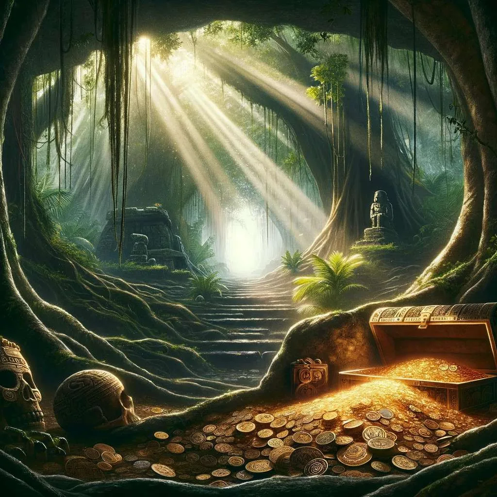 Ilustración de un tesoro antiguo escondido en la selva de Chiapas, con artefactos mayas y riquezas iluminados por destellos de luz, simbolizando el misterio y la historia que aguardan ser revelados. Los Mitos y Leyendas (www.losmitosyleyendas.com)