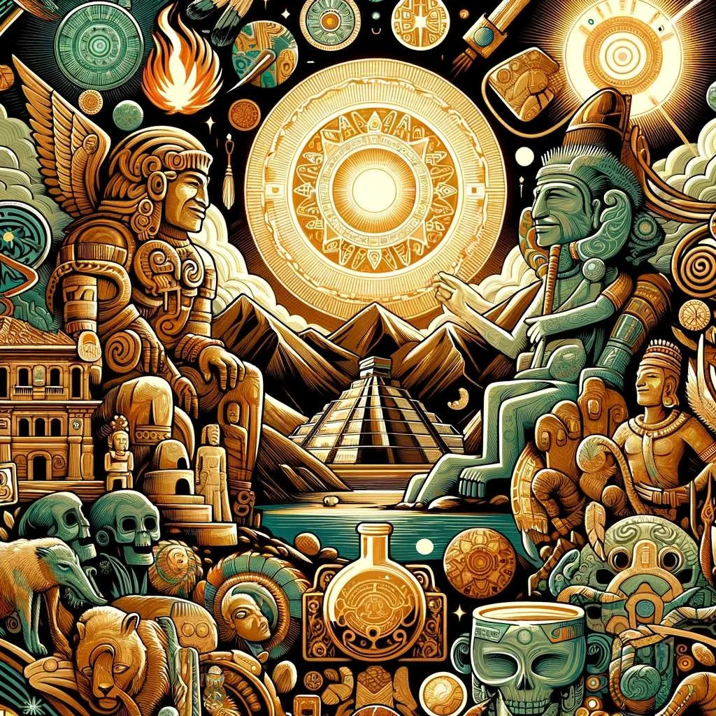 Ilustración que revela los mitos y leyendas de Chiclayo, la tierra del sol eterno, mediante símbolos emblemáticos como el Señor de Sipán, tumbas precolombinas, y piezas de oro y joyería, junto a la representación de su paisaje árido y figuras mitológicas. Esta composición visual destaca la rica herencia cultural de Chiclayo, sus historias ancestrales y los tesoros ocultos, capturando la esencia de un lugar lleno de historia, misterio y belleza. Los Mitos y Leyendas (www.losmitosyleyendas.com)