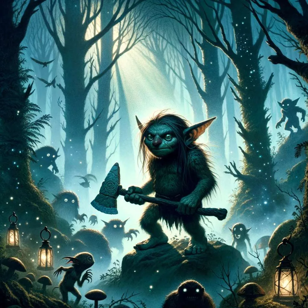 Escena mitológica del Trauco en un bosque neblinoso, capturando la esencia mística de este ser legendario del folklore de Chiloé. Los Mitos y Leyendas (www.losmitosyleyendas.com)