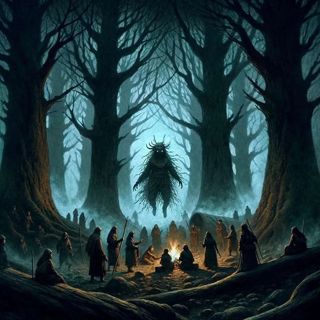 Ilustración del origen del mito del Trauco en Chiloé, mostrando un enigmático bosque con la figura del Trauco emergiendo entre las sombras mientras los habitantes locales comparten leyendas alrededor de una fogata, simbolizando cómo el mito se ha entrelazado con la cultura chilota a lo largo de las generaciones. Los Mitos y Leyendas (www.losmitosyleyendas.com)