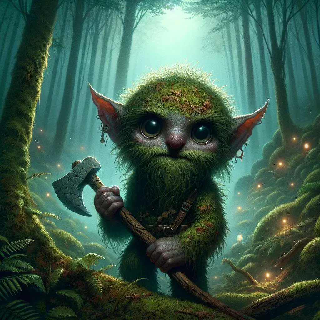El Trauco, figura mitológica de Chiloé, con su hacha de piedra en un bosque denso, destacando su naturaleza enigmática y su papel como guardián del bosque. Los Mitos y Leyendas (www.losmitosyleyendas.com)