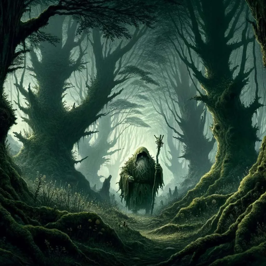 Ilustración de un encuentro con el Trauco en un bosque neblinoso de Chiloé, mostrando una figura misteriosa rodeada de un ambiente sobrenatural y misterioso. Los Mitos y Leyendas (www.losmitosyleyendas.com)