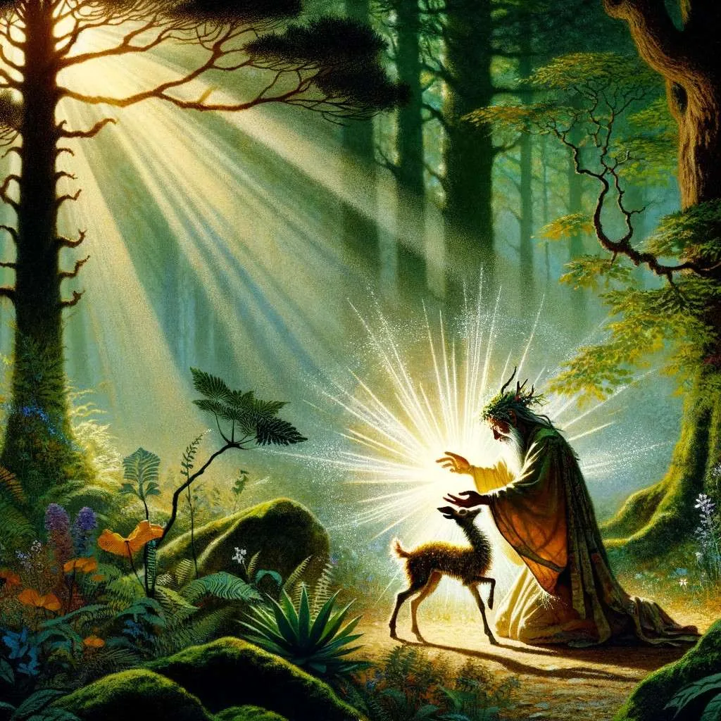 Ilustración del Trauco extendiendo sus manos sobre un pequeño animal herido, rodeado de un resplandor mágico en el tranquilo bosque de Chiloé, evocando su rol como sanador y protector del bosque. Los Mitos y Leyendas (www.losmitosyleyendas.com)