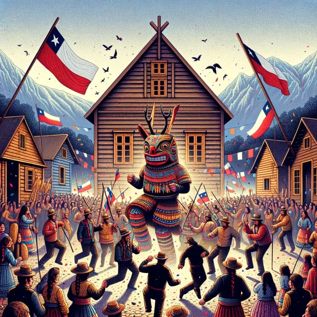  Ilustración de una celebración tradicional en Chiloé que homenajea al Trauco, con música, danzas folclóricas, y trajes típicos, en un entorno festivo que simboliza la integración del mito en la cultura chilena. Los Mitos y Leyendas (www.losmitosyleyendas.com)