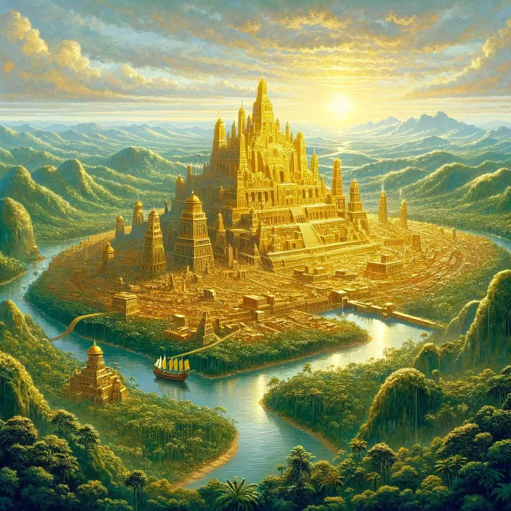 Ciudad de El Dorado resplandeciente de oro, en medio de la selva amazónica, con ríos y vegetación exuberante bajo el sol. Los Mitos y Leyendas (www.losmitosyleyendas.com)