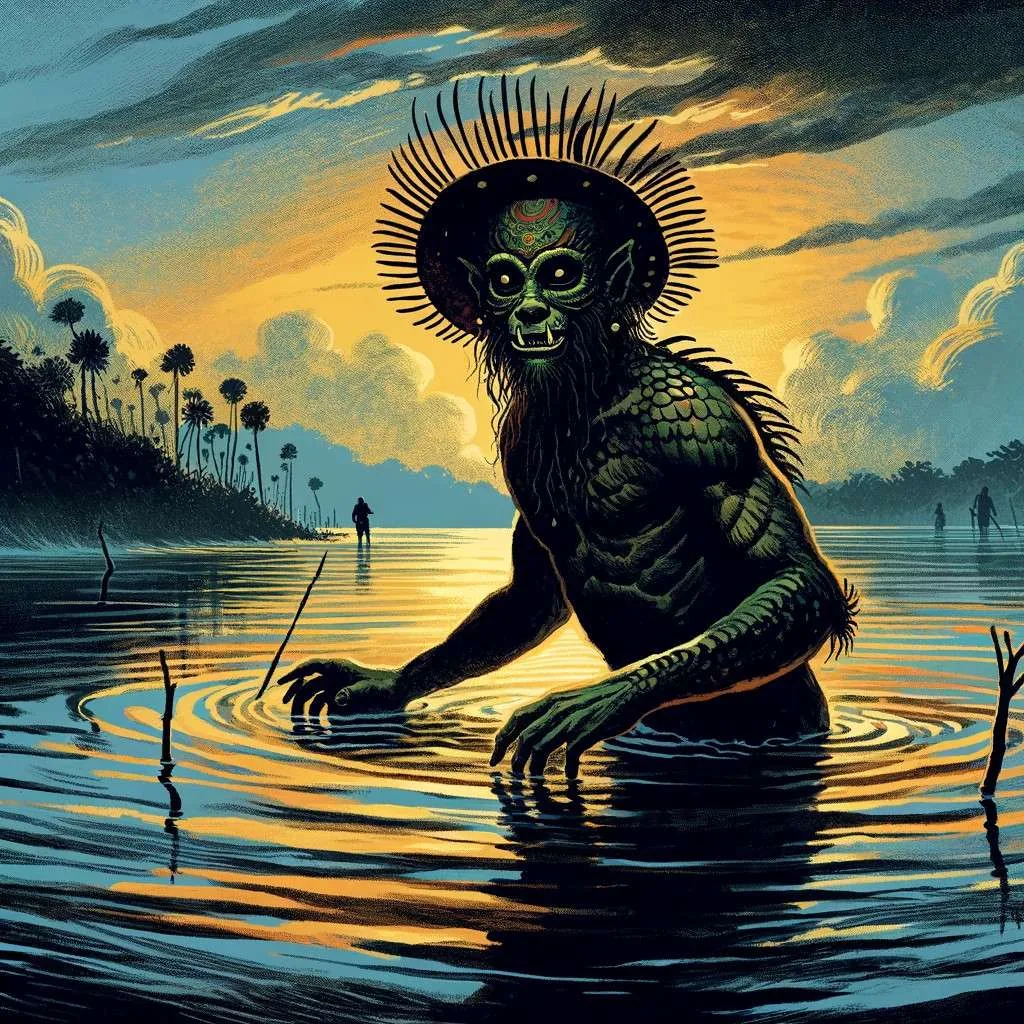 Hombre Caimán mitad hombre, mitad caimán, emergiendo de un río al atardecer, en un paisaje caribeño con manglares. Los Mitos y Leyendas (www.losmitosyleyendas.com)