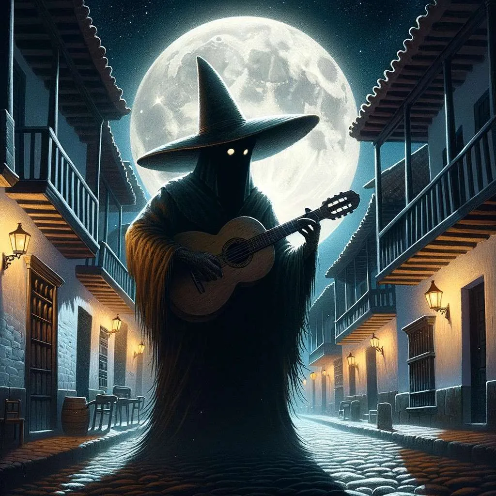 El Sombrerón tocando la guitarra en un callejón de un pueblo colonial colombiano bajo la luz de la luna. Los Mitos y Leyendas (www.losmitosyleyendas.com)