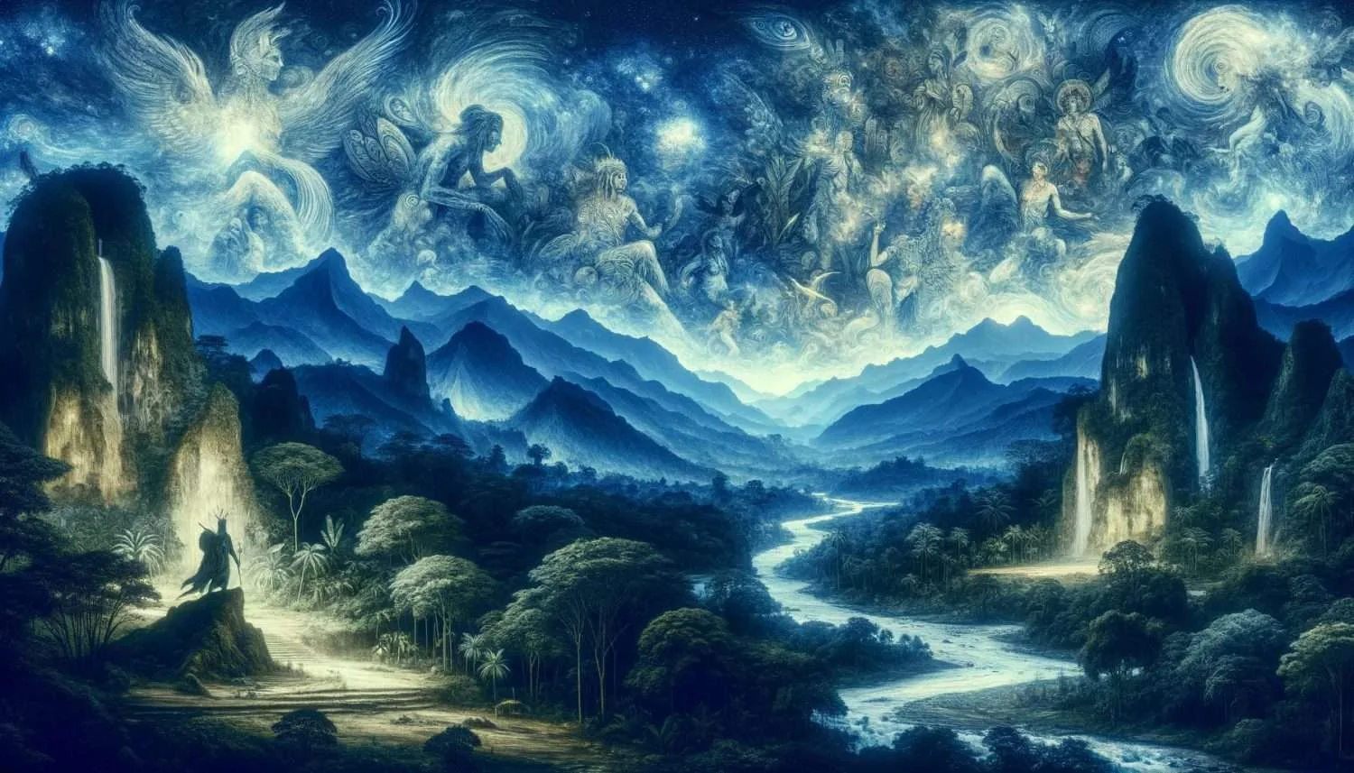 Paisaje místico y culturalmente rico que representa el folclore colombiano, combinando elementos de leyendas como El Mohán, La Llorona y El Dorado. La escena integra la belleza natural de Colombia, con selvas exuberantes, ríos y montañas, junto con figuras míticas sutiles, creando una atmósfera enigmática que refleja la conexión profunda entre la naturaleza, lo sobrenatural y la herencia cultural colombiana.