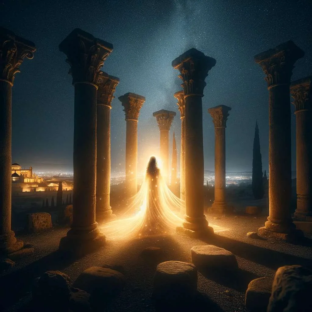 Representación artística de la leyenda de la 'Encantá' de Medina Azahara en Córdoba, con una figura luminosa emergiendo entre las ruinas bajo un cielo nocturno estrellado, reflejando el encanto y misterio de las historias antiguas de España. Los Mitos y Leyendas (www.losmitosyleyendas.com)
