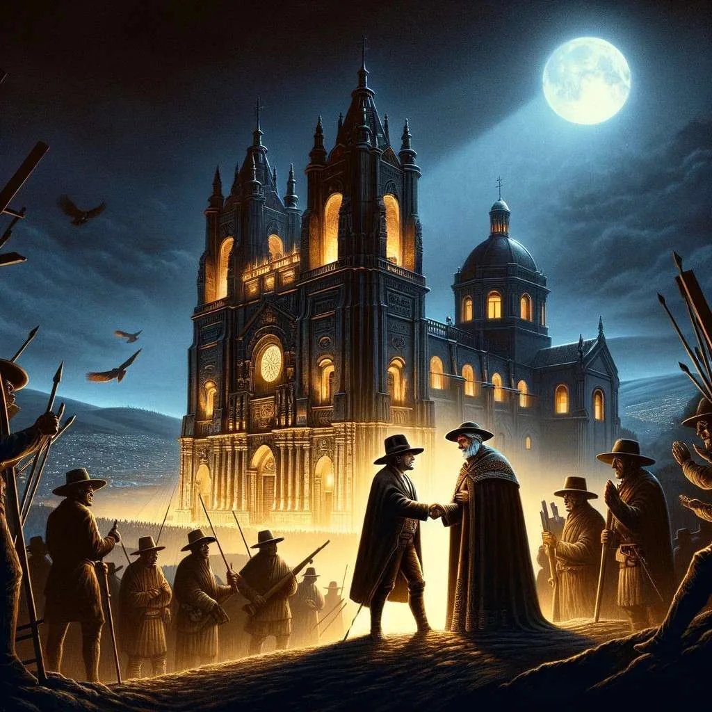 Espíritu de la Caja Ronca en Quito: Espíritu arrastrando cadenas y una caja por las calles empedradas de Quito bajo la luz de la luna, con iglesias coloniales al fondo. Los Mitos y Leyendas (www.losmitosyleyendas.com)