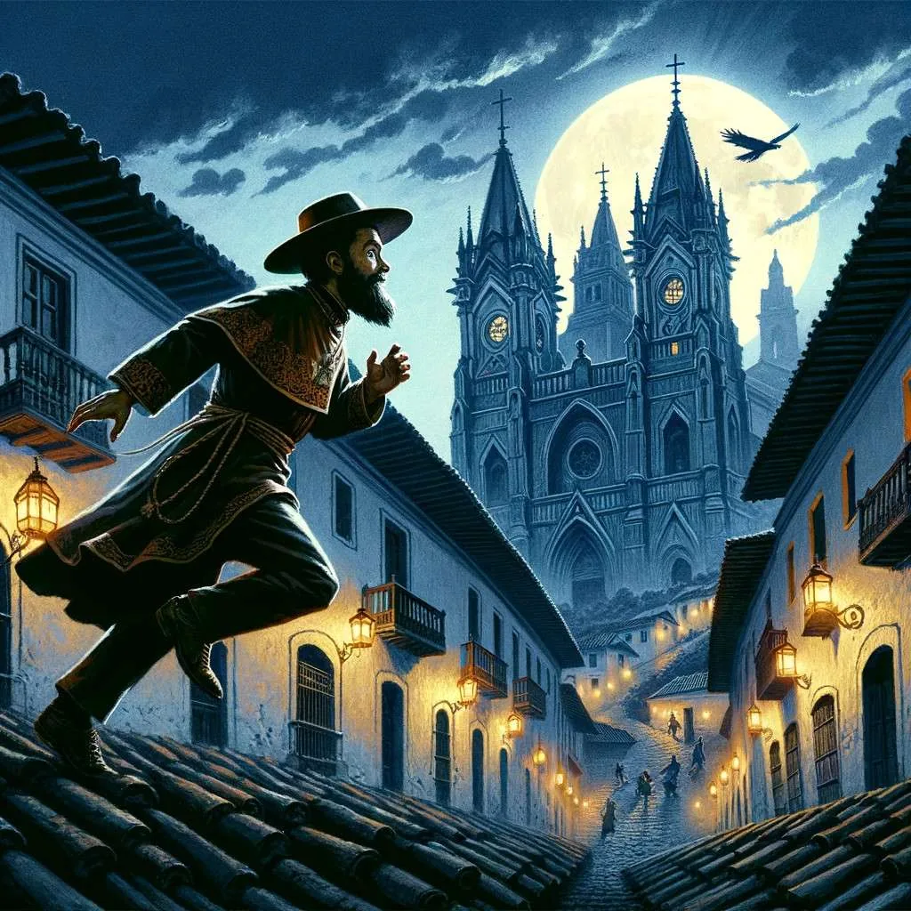 El Padre Almeida escapando por los tejados de Quito: El sacerdote corre sobre estructuras coloniales bajo la luz de la luna, con la iglesia de San Francisco al fondo. Los Mitos y Leyendas (www.losmitosyleyendas.com)