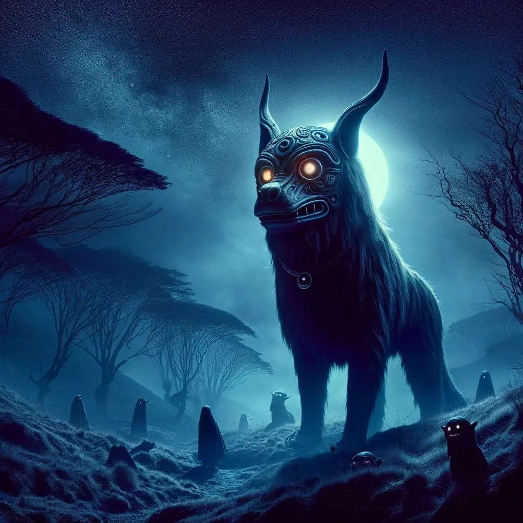Representación del Cadejo, ser místico de la leyenda ecuatoriana, como un perro grande con ojos brillantes en una noche neblinosa, simbolizando misterio y protección. Los Mitos y Leyendas (www.losmitosyleyendas.com)