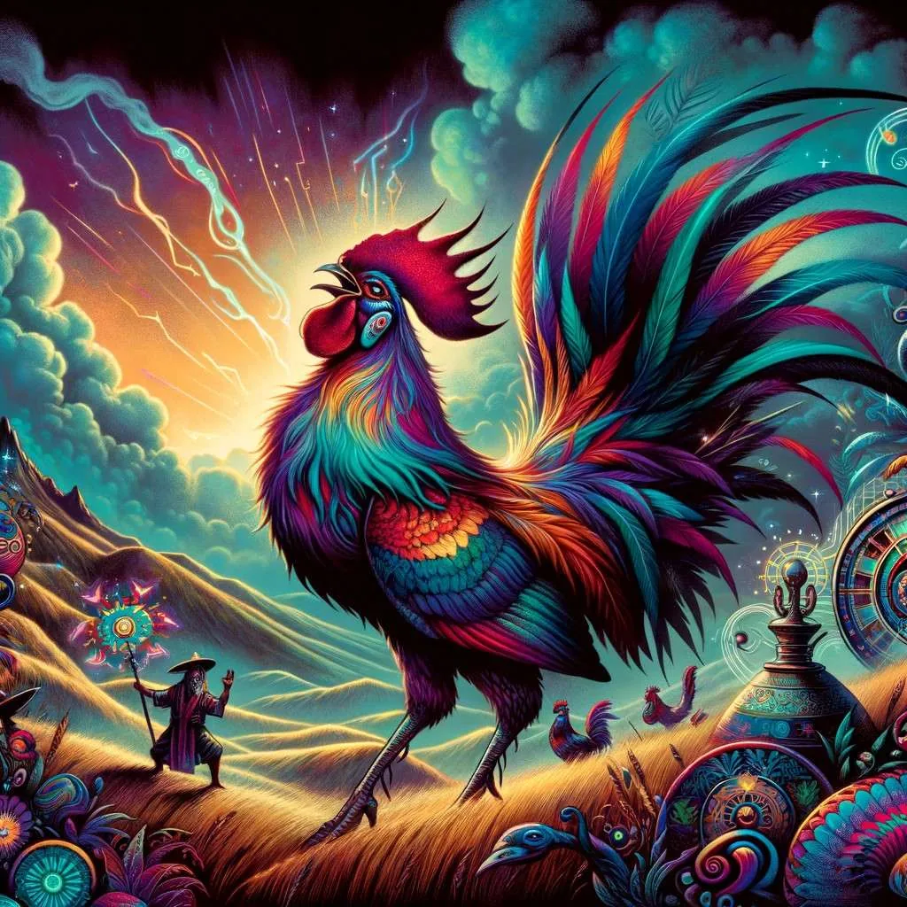 Ilustración del Gallo de las Siete Lenguas en un ambiente místico de Loja, Ecuador, con plumaje colorido y ojos sabios, rodeado de símbolos de su habilidad para hablar siete idiomas y su conexión espiritual. Los Mitos y Leyendas (www.losmitosyleyendas.com)