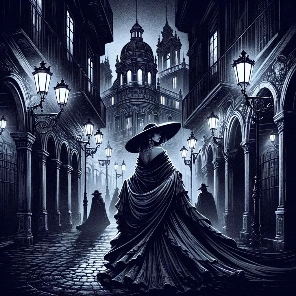 Ilustración de La Dama Tapada, una figura misteriosa y elegante envuelta en un manto, caminando bajo la luz de las farolas en una ciudad antigua, evocando misterio y seducción. Los Mitos y Leyendas (www.losmitosyleyendas.com)