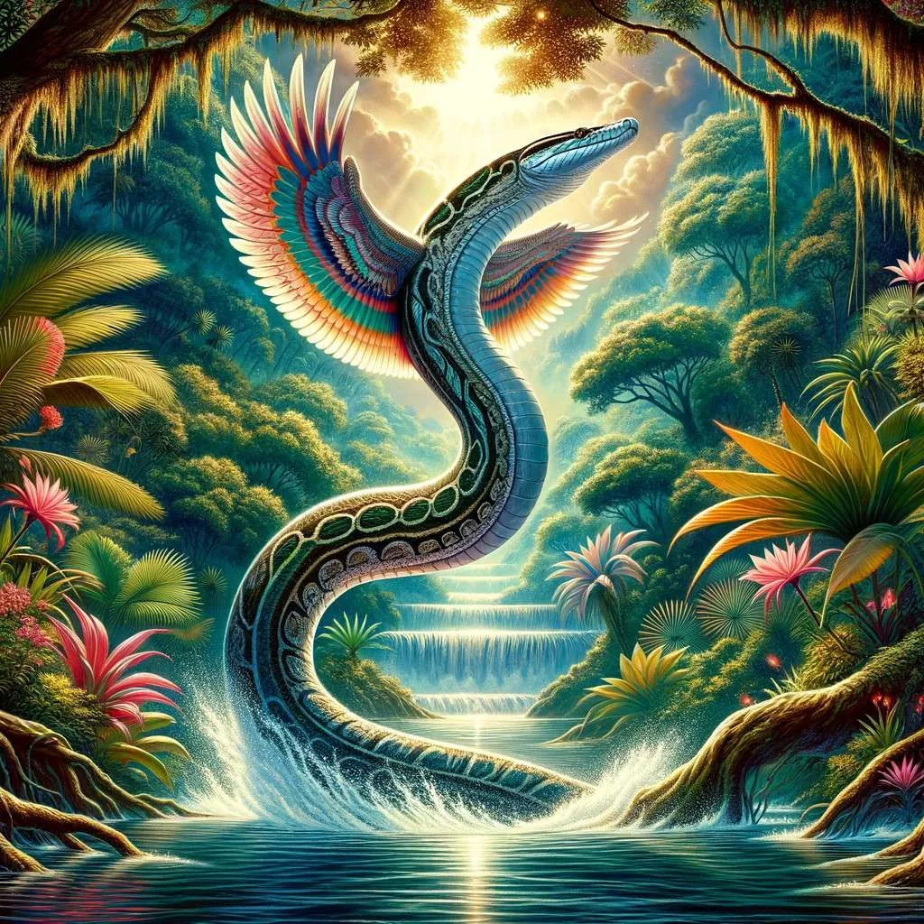 Ilustración de la serpiente Shurán en su hábitat natural amazónico, con escamas arcoíris deslizándose por aguas cristalinas y rodeada de densa vegetación, simbolizando la sabiduría ancestral y la protección del medio ambiente. Los Mitos y Leyendas (www.losmitosyleyendas.com)