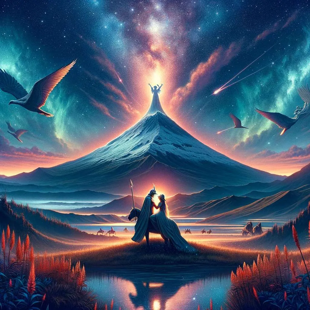 Ilustración del mito de la transformación del Cotopaxi en Ecuador, con el volcán intentando alcanzar las estrellas por amor y la amada transformada en laguna al pie, reflejando la unión eterna de pasión y sacrificio. Los Mitos y Leyendas (www.losmitosyleyendas.com)