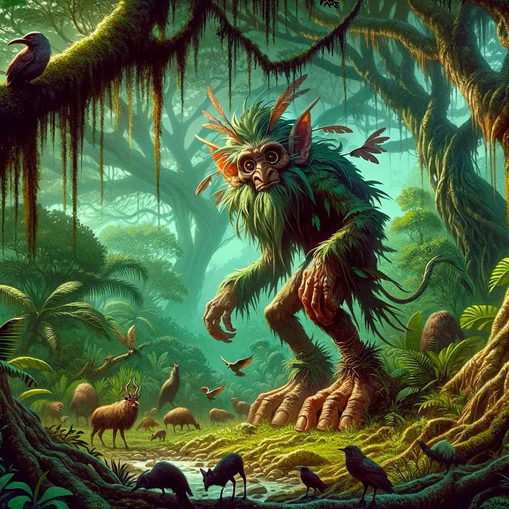 Ilustración del Chullachaki en la selva amazónica, rodeado de árboles gigantes y diversa fauna, simbolizando su papel como protector del ecosistema y su conexión profunda con la naturaleza. Los Mitos y Leyendas (www.losmitosyleyendas.com)
