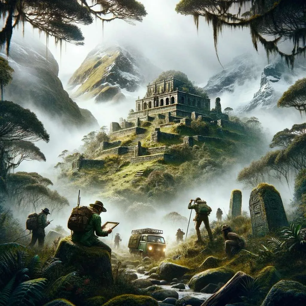 Aventureros en la búsqueda del tesoro oculto del Parque Nacional Cajas en Ecuador, entre nieblas, montañas verdes y ruinas incas, simbolizando misterio y aventura. Los Mitos y Leyendas (www.losmitosyleyendas.com)