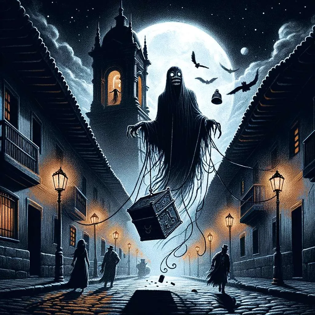 Espíritu de la Caja Ronca en Quito: Espíritu arrastrando cadenas y una caja por las calles empedradas de Quito bajo la luz de la luna, con iglesias coloniales al fondo. Los Mitos y Leyendas (www.losmitosyleyendas.com)