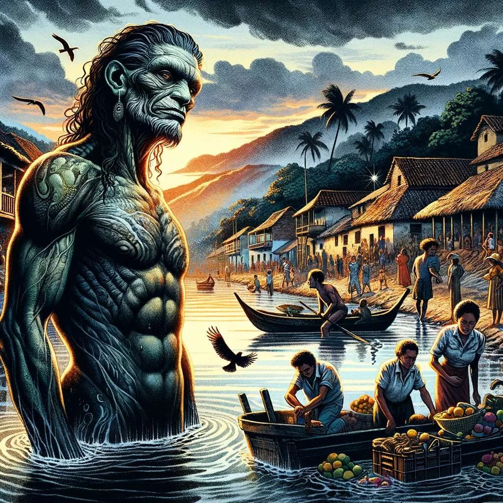 El Hombre Caimán, mitad hombre y mitad caimán, emerge del río Magdalena en un pueblo caribeño colombiano, rodeado de la vida cotidiana de sus habitantes, reflejando cómo el mito y la realidad se entrelazan, manteniendo viva la leyenda a través de las generaciones. Los Mitos y Leyendas (www.losmitosyleyendas.com)