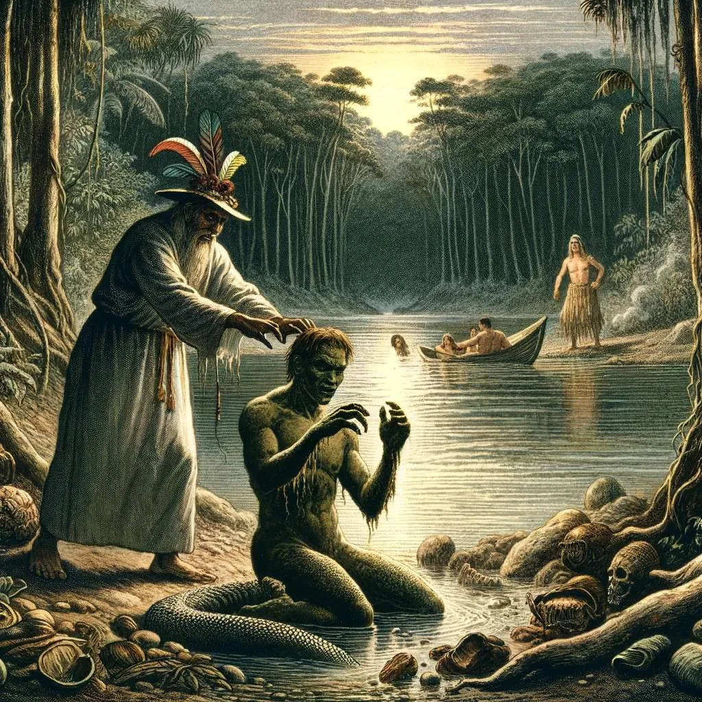 El instante mítico de transformación del Hombre Caimán en el río Magdalena, donde un hombre se fusiona con un caimán bajo un hechizo, rodeado de la densa vegetación ribereña, evocando el origen folclórico y la atmósfera mágica del Caribe colombiano. Los Mitos y Leyendas (www.losmitosyleyendas.com)