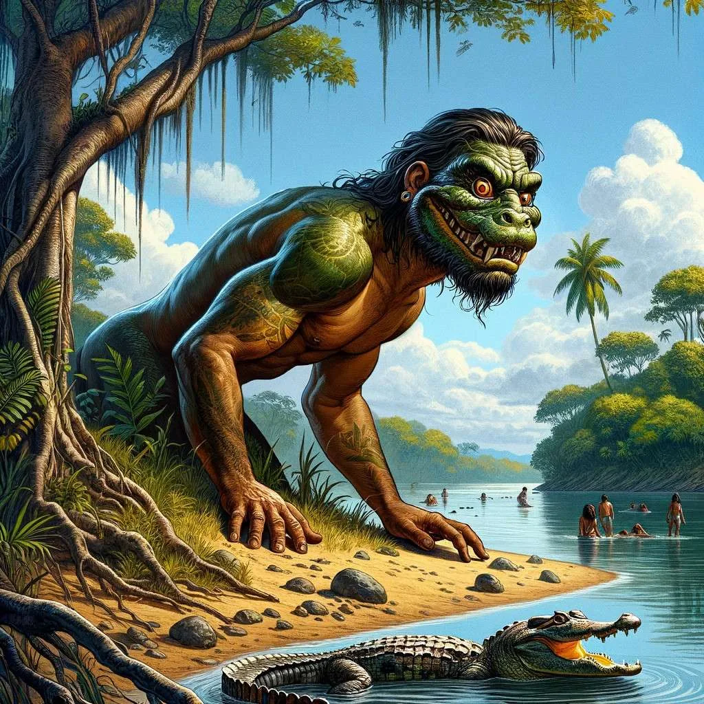 El Hombre Caimán es una figura legendaria del folclore colombiano. Esta criatura mítica se muestra en una forma híbrida, con el cuerpo de un caimán y rasgos humanos, emergiendo de las aguas cerca de las orillas de un río en un entorno tropical, reflejando su naturaleza traviesa e intrigante.