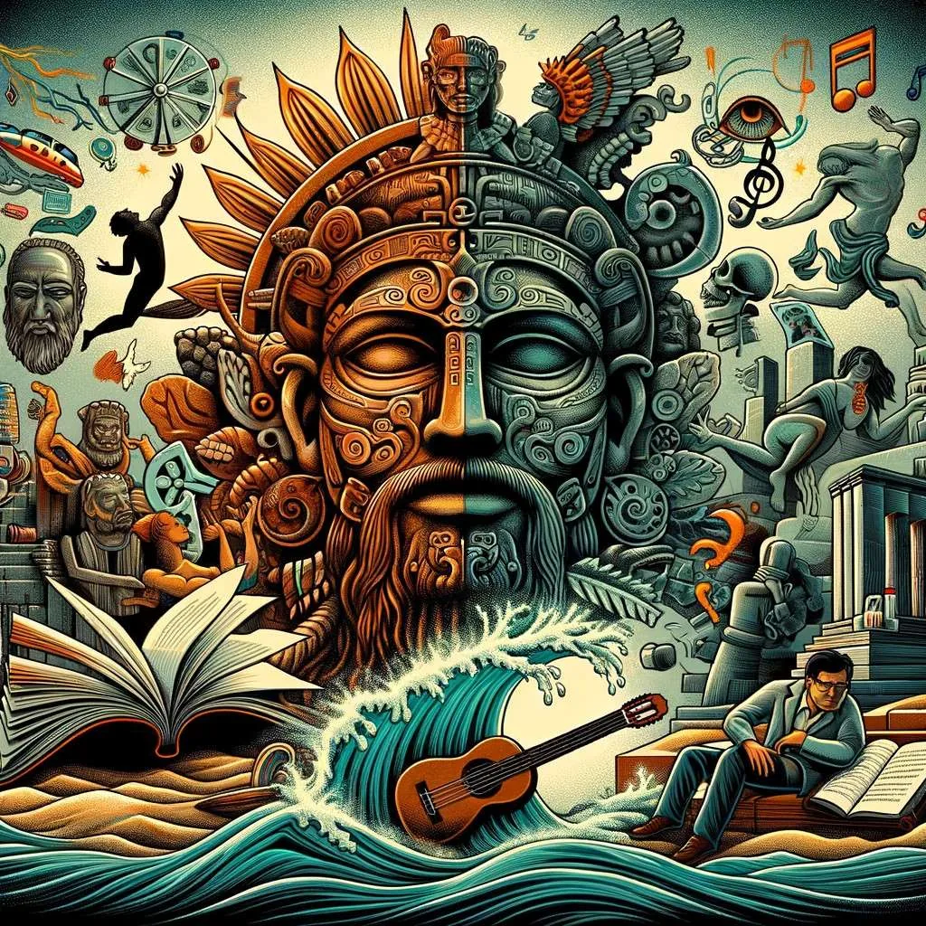El Hombre Caimán, figura mitad hombre, mitad caimán, emerge del agua, rodeado de símbolos de su influencia en la cultura: un libro abierto, claqueta de cine, máscaras de teatro, paleta de pintura y notas musicales, destacando su rol en la literatura, el cine, el teatro, el arte y la música latinoamericanos. Los Mitos y Leyendas (www.losmitosyleyendas.com)