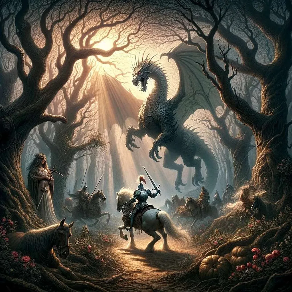 Un caballero valiente se enfrenta a un dragón en un bosque antiguo de Francia al crepúsculo, bajo la mirada de hadas y criaturas míticas, capturando la esencia de las legendarias batallas entre el bien y el mal del folklore francés. Los Mitos y Leyendas (www.losmitosyleyendas.com)