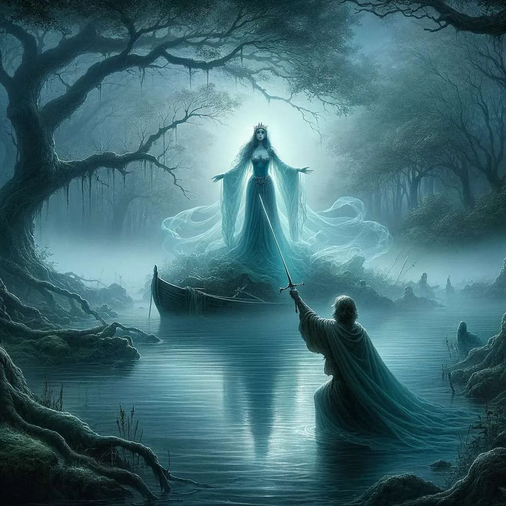 La Dama del Lago, en ropajes azules y plateados, emerge de un lago tranquilo al amanecer para entregar la espada Excalibur a un reverente rey Arturo, con el misterioso bosque como testigo, capturando la esencia mística y el destino heroico del mito artúrico francés. Los Mitos y Leyendas (www.losmitosyleyendas.com)
