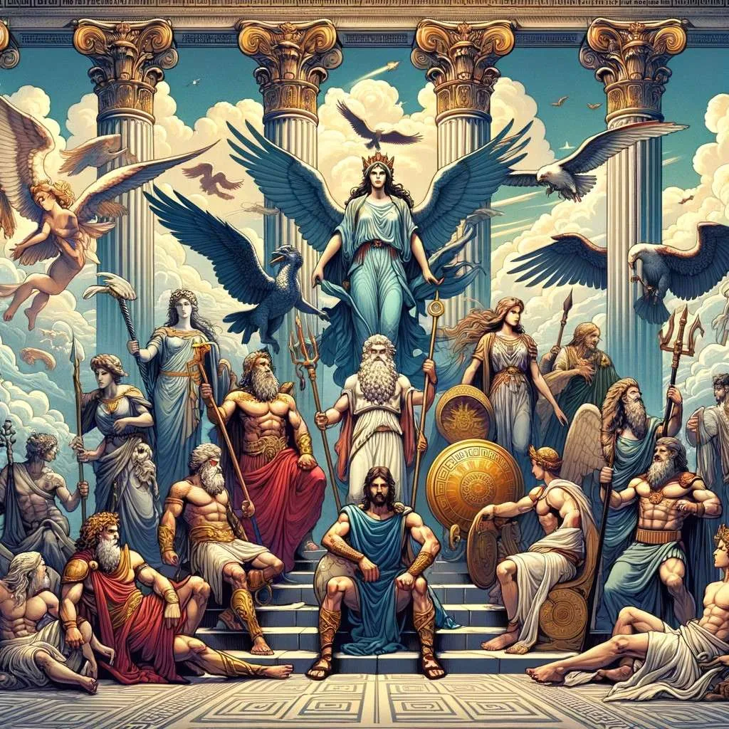 Ilustración de dioses y héroes de la mitología griega en el Monte Olimpo, destacando su diversidad y riqueza con un entorno majestuoso. Los Mitos y Leyendas (www.losmitosyleyendas.com).