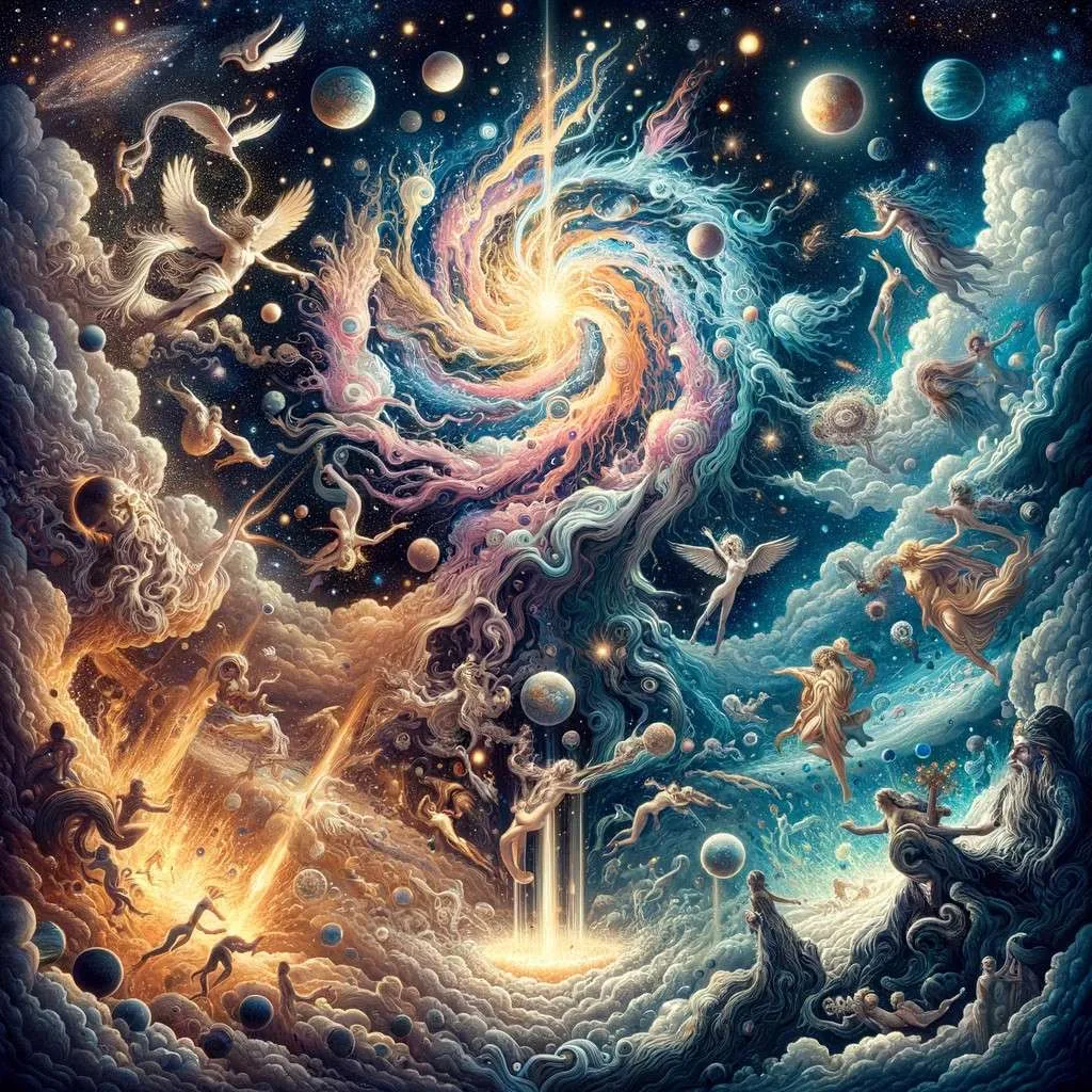Representación de la creación del mundo en la mitología griega, con Gaia y Urano emergiendo del caos, rodeados por deidades y un universo naciente. Los Mitos y Leyendas (www.losmitosyleyendas.com).