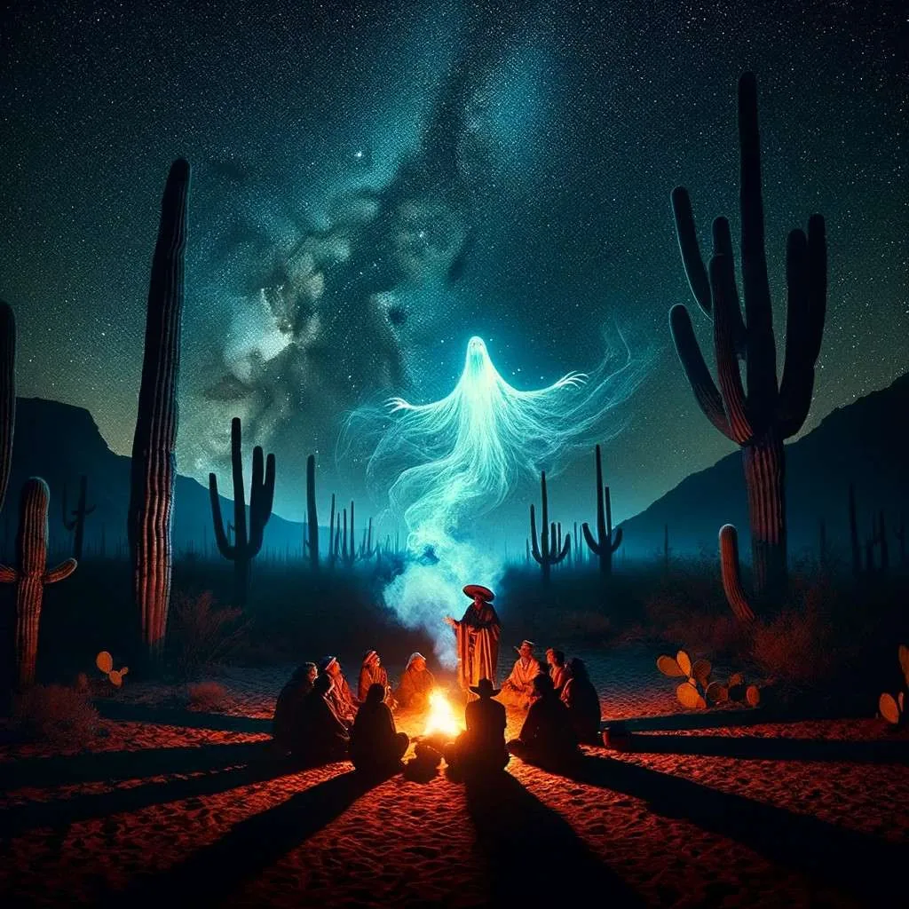 Una escena nocturna en el desierto de Sonora con personas alrededor de una fogata escuchando mitos, bajo un cielo estrellado y con la presencia sutil de un espíritu legendario. Los Mitos y Leyendas (www.losmitosyleyendas.com)